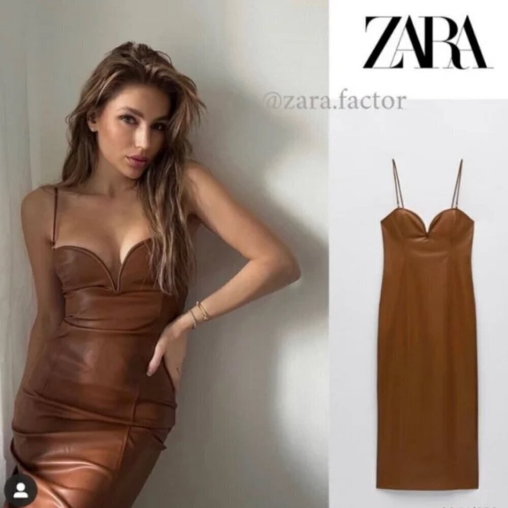 Zara Brown Faux Leather Midi Dress with Spaghetti Straps, Size Medium, Large NWT